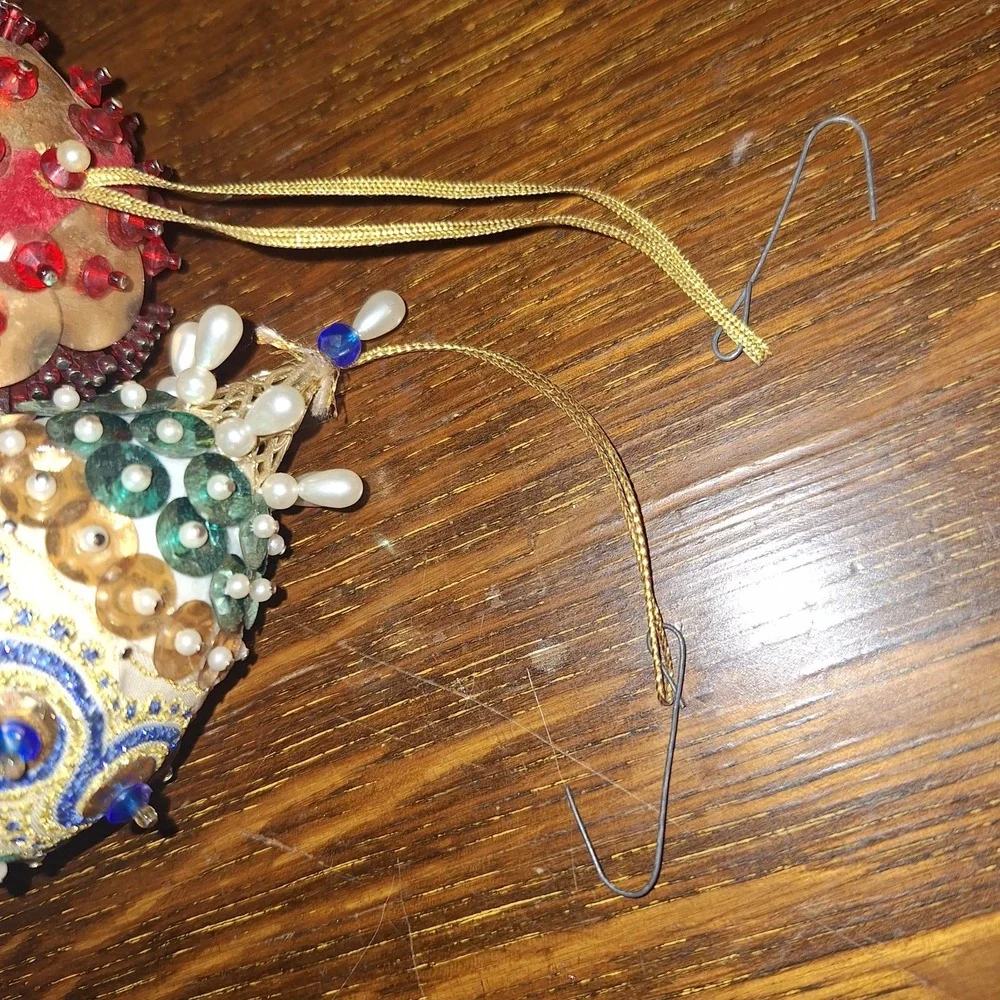 Beaded Satin Sequin Push Pin Ornament Red Ball White Blue Egg Vintage Christmas